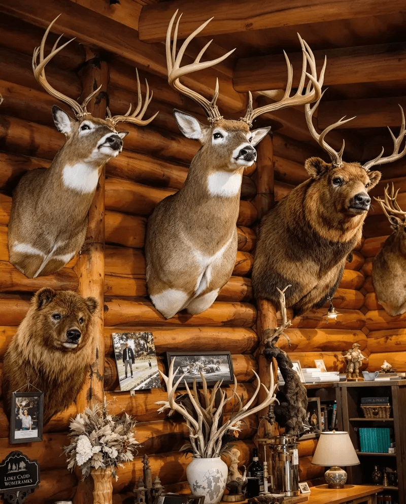 Ready-to-display mounts including deer, elk, and bear